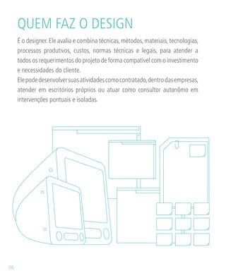 É o designer.Ele avalia e combina técnicas,métodos,materiais,tecnologias,
processos produtivos, custos, normas técnicas e legais, para atender a
todos os requerimentos do projeto de forma compatível com o investimento
e necessidades do cliente.
Elepodedesenvolversuasatividadescomocontratado,dentrodasempresas,
atender em escritórios próprios ou atuar como consultor autonômo em
intervenções pontuais e isoladas.
QUEM FAZ O DESIGN
06
 