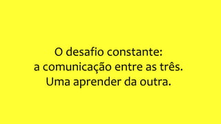 O desafio constante:
a comunicação entre as três.
Uma aprender da outra.
 
