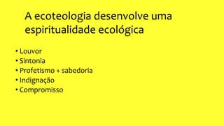 A ecoteologia desenvolve uma
espiritualidade ecológica
• Louvor
• Sintonia
• Profetismo + sabedoria
• Indignação
• Compromisso
 