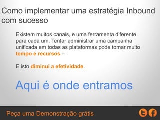 Como implementar uma estratégia Inbound
com sucesso
Existem muitos canais, e uma ferramenta diferente
para cada um. Tentar administrar uma campanha
unificada em todas as plataformas pode tomar muito
tempo e recursos –
E isto diminui a efetividade.
Aqui é onde entramos
Peça uma Demonstração grátis
 