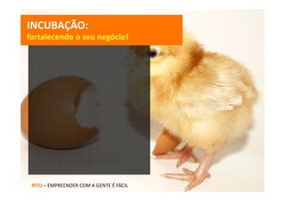 INCUBAÇÃO: 
fortalecendo o seu negócio!




 RITU – EMPREENDER COM A GENTE É FÁCIL
 