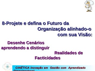 CINÉTICA Inovação em  Gestão com  Aprendizado Organizacional 8-Projete e defina o Futuro da  Organização alinhado-o  com sua Visão: Desenhe Cenários  aprendendo a distinguir  Realidades de Facticidades 