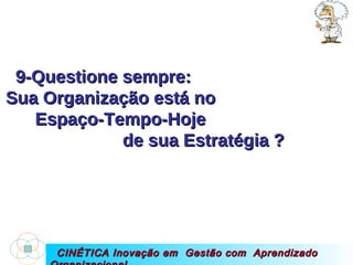 CINÉTICA Inovação em  Gestão com  Aprendizado Organizacional 9-Questione sempre:  Sua Organização está no  Espaço-Tempo-Hoje  de sua Estratégia ?   