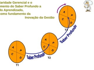 A  P A  P A  P C  D C  D C  D A Circularidade Gerencial e o  desenvolvimento do Saber Profundo a  partir do Aprendizado,  como fundamento da  Inovação da Gestão Saber Profundo Saber Profundo T1 T2 T3 
