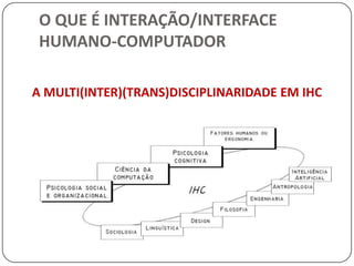 O QUE É INTERAÇÃO/INTERFACE HUMANO-COMPUTADORINTERAÇÃO HUMANO-COMPUTADOR (IHC)Concluindo, IHC trata do design de sistemas computacionais que auxiliem as pessoas de forma a que possam executar suas atividades  produtivamente e com segurança.