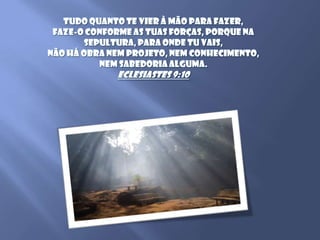 Tudo quanto te vier à mão para fazer, faze-o conforme as tuas forças, porque na sepultura, para onde tu vais, não há obra nem projeto, nem conhecimento, nem sabedoria alguma. Eclesiastes 9:10 