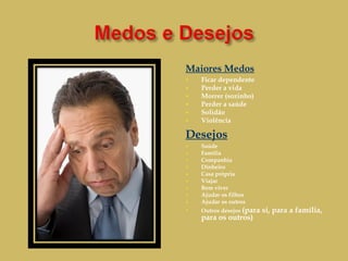 Maiores Medos Ficar dependente Perder a vida Morrer (sozinho) Perder a saúde Solidão Violência Desejos Saúde Família Companhia Dinheiro Casa própria Viajar Bem viver Ajudar os filhos Ajudar os outros Outros desejos  (para si, para a família, para os outros) 