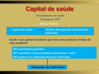 Investimento em saúde Grossman, 1972 Maior/ Melhor Saúde é um capital duradouro que tem como produto o tempo de vida saudável! Capital de saúde  Melhor desempenho funcional do indivíduo 30% patrimônio genético 20% condições socioeconômicas, históricas e sorte 50% podem ser administradas pelo indivíduo Depende do indivíduo 