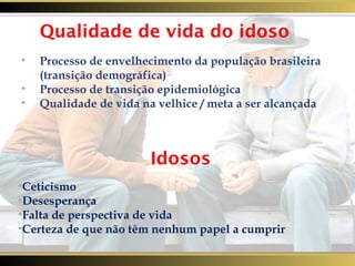 Qualidade de vida do idoso Processo de envelhecimento da população brasileira  (transição demográfica) Processo de transição epidemiológica Qualidade de vida na velhice / meta a ser alcançada Idosos Ceticismo Desesperança Falta de perspectiva de vida Certeza de que não têm nenhum papel a cumprir SMRLA 