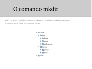 O comando mkdir
mkdir -p docs/{img/{fotos,icons,wallpapers,svg},textos/{artigos,man},tmp}
 
o comando acima cria a extrutura abaixo 
 
 