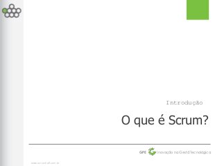 Introdução


                       O que é Scrum?

                         GPE   Inovação na Gestã Tecnológica


www.scrumhalf.com.br
 
