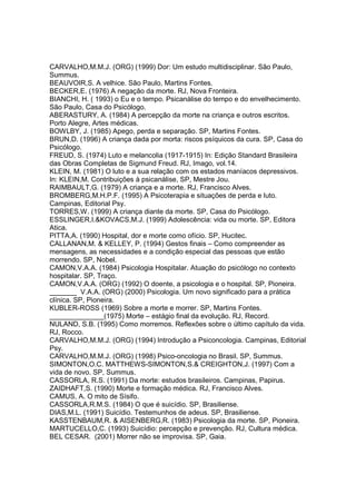 CARVALHO,M.M.J. (ORG) (1999) Dor: Um estudo multidisciplinar. São Paulo,
Summus.
BEAUVOIR,S. A velhice. São Paulo, Martins Fontes.
BECKER,E. (1976) A negação da morte. RJ, Nova Fronteira.
BIANCHI, H. ( 1993) o Eu e o tempo. Psicanálise do tempo e do envelhecimento.
São Paulo, Casa do Psicólogo.
ABERASTURY, A. (1984) A percepção da morte na criança e outros escritos.
Porto Alegre, Artes médicas.
BOWLBY, J. (1985) Apego, perda e separação. SP, Martins Fontes.
BRUN,D. (1996) A criança dada por morta: riscos psíquicos da cura. SP, Casa do
Psicólogo.
FREUD, S. (1974) Luto e melancolia (1917-1915) In: Edição Standard Brasileira
das Obras Completas de Sigmund Freud. RJ, Imago, vol.14.
KLEIN, M. (1981) O luto e a sua relação com os estados maníacos depressivos.
In: KLEIN,M. Contribuições à psicanálise, SP, Mestre Jou.
RAIMBAULT,G. (1979) A criança e a morte. RJ, Francisco Alves.
BROMBERG,M.H.P.F. (1995) A Psicoterapia e situações de perda e luto.
Campinas, Editorial Psy.
TORRES,W. (1999) A criança diante da morte. SP, Casa do Psicólogo.
ESSLINGER,I.&KOVACS,M.J. (1999) Adolescência: vida ou morte. SP, Editora
Atica.
PITTA,A. (1990) Hospital, dor e morte como ofício. SP, Hucitec.
CALLANAN,M. & KELLEY, P. (1994) Gestos finais – Como compreender as
mensagens, as necessidades e a condição especial das pessoas que estão
morrendo. SP, Nobel.
CAMON,V.A.A. (1984) Psicologia Hospitalar. Atuação do psicólogo no contexto
hospitalar. SP, Traço.
CAMON,V.A.A. (ORG) (1992) O doente, a psicologia e o hospital. SP, Pioneira.
_______ V.A.A. (ORG) (2000) Psicologia. Um novo significado para a prática
clínica. SP, Pioneira.
KUBLER-ROSS (1969) Sobre a morte e morrer. SP, Martins Fontes.
______________(1975) Morte – estágio final da evolução. RJ, Record.
NULAND, S.B. (1995) Como morremos. Reflexões sobre o último capítulo da vida.
RJ, Rocco.
CARVALHO,M.M.J. (ORG) (1994) Introdução a Psiconcologia. Campinas, Editorial
Psy.
CARVALHO,M.M.J. (ORG) (1998) Psico-oncologia no Brasil. SP, Summus.
SIMONTON,O.C. MATTHEWS-SIMONTON,S.& CREIGHTON,J. (1997) Com a
vida de novo. SP, Summus.
CASSORLA, R.S. (1991) Da morte: estudos brasileiros. Campinas, Papirus.
ZAIDHAFT,S. (1990) Morte e formação médica. RJ, Francisco Alves.
CAMUS, A. O mito de Sísifo.
CASSORLA,R.M.S. (1984) O que é suicídio. SP, Brasiliense.
DIAS,M.L. (1991) Suicídio. Testemunhos de adeus. SP, Brasiliense.
KASSTENBAUM,R. & AISENBERG,R. (1983) Psicologia da morte. SP, Pioneira.
MARTUCELLO,C. (1993) Suicídio: percepção e prevenção. RJ, Cultura médica.
BEL CESAR. (2001) Morrer não se improvisa. SP, Gaia.
 