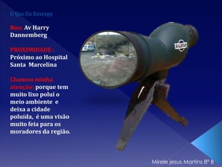O Que Eu Enxergo
Rua: Av Harry
Dannemberg
PROXIMIDADE :
Próximo ao Hospital
Santa Marcelina
Chamou minha
atenção: porque tem
muito lixo polui o
meio ambiente e
deixa a cidade
poluída, é uma visão
muito feia para os
moradores da região.
Mirele jesus Martins 8º B
 