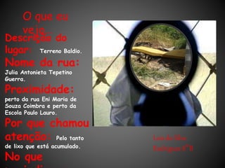 O que eu
vejo…
Descrição do
lugar: Terreno Baldio.
Nome da rua:
Julia Antonieta Tepetino
Guerra.
Proximidade:
perto da rua Eni Maria de
Souza Coimbra e perto da
Escola Paulo Lauro.
Por que chamou
atenção: Pelo tanto
de lixo que está acumulado.
No que
Lais da Silva
Rodrigues 8°B
 