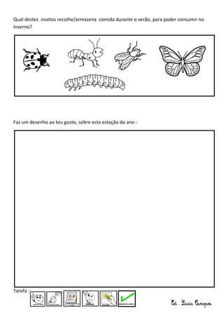 Qual destes insetos recolhe/armazena comida durante o verão, para poder consumir no
inverno?




Faz um desenho ao teu gosto, sobre esta estação do ano :




Tarefa :
 