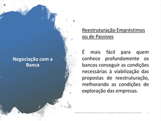 Negociação com a
Banca
Reestruturação Empréstimos
ou de Passivos
É mais fácil para quem
conhece profundamente os
bancos conseguir as condições
necessárias à viabilização das
propostas de reestruturação,
melhorando as condições de
exploração das empresas.
CJA Business Consulting www.cja-bc.com carlos.jeronimo.augusto@cja-bc.com 911161776 5
 