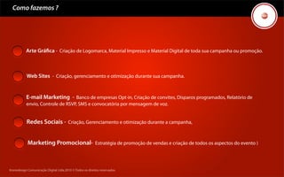 Como fazemos ?




           Arte Gráﬁca - Criação de Logomarca, Material Impresso e Material Digital de toda sua campanha ou promoção.



           Web Sites - Criação, gerenciamento e otimização durante sua campanha.


           E-mail Marketing - Banco de empresas Opt-in, Criação de convites, Disparos programados, Relatório de
           envio, Controle de RSVP, SMS e convocatória por mensagem de voz.


           Redes Sociais - Criação, Gerenciamento e otimização durante a campanha,


            Marketing Promocional- Estratégia de promoção de vendas e criação de todos os aspectos do evento )



Kronedesign Comunicação Digital Ltda.2010 ©.Todos os direitos reservados.
 