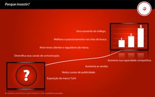 Porque investir?




                                                                                  Gera aumento do tráfego.

                                                             Melhora o posicionamento nos sites de busca.

                                           Atrai novos clientes e seguidores da marca.

           Diversiﬁca seus canais de comunicação.
                                                                                                             Aumenta sua capacidade competitiva.

                                                                                          Aumenta as vendas.

                                                                       Reduz custos de publicidade.

                                                    Exposição da marca 7x24.




Kronedesign Comunicação Digital Ltda.2010 ©.Todos os direitos reservados.
 