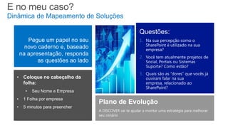 1.
2.
3.
A DISCOVER vai te ajudar a montar uma estratégia para melhorar
seu cenário
E no meu caso?
Dinâmica de Mapeamento de Soluções
 