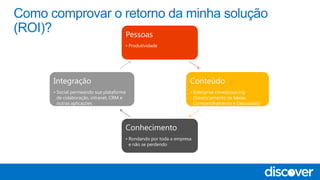 Pessoas
• Produtividade
Conteúdo
• Enterprise crowdsourcing
(Gerenciamento de Ideias,
Compartilhamento e Discussões)
Conhecimento
• Rondando por toda a empresa
e não se perdendo
Integração
• Social permeando sua plataforma
de colaboração, intranet, CRM e
outras aplicações
 