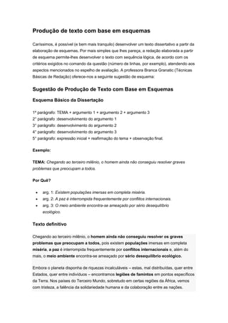 Produção de texto com base em esquemas
Caríssimos, é possível (e bem mais tranquilo) desenvolver um texto dissertativo a partir da
elaboração de esquemas. Por mais simples que lhes pareça, a redação elaborada a partir
de esquema permite-lhes desenvolver o texto com sequência lógica, de acordo com os
critérios exigidos no comando da questão (número de linhas, por exemplo), atendendo aos
aspectos mencionados no espelho de avaliação. A professora Branca Granatic (Técnicas
Básicas de Redação) oferece-nos a seguinte sugestão de esquema:
Sugestão de Produção de Texto com Base em Esquemas
Esquema Básico da Dissertação
1º parágrafo: TEMA + argumento 1 + argumento 2 + argumento 3
2° parágrafo :desenvolvimento do argumento 1
3° parágrafo: desenvolvimento do argumento 2
4° parágrafo: desenvolvimento do argumento 3
5° parágrafo: expressão inicial + reafirmação do tema + observação final.
Exemplo:
TEMA: Chegando ao terceiro milênio, o homem ainda não conseguiu resolver graves
problemas que preocupam a todos.
Por Quê?
 arg. 1: Existem populações imersas em completa miséria.
 arg. 2: A paz é interrompida frequentemente por conflitos internacionais.
 arg. 3: O meio ambiente encontra-se ameaçado por sério desequilíbrio
ecológico.
Texto definitivo
Chegando ao terceiro milênio, o homem ainda não conseguiu resolver os graves
problemas que preocupam a todos, pois existem populações imersas em completa
miséria, a paz é interrompida frequentemente por conflitos internacionais e, além do
mais, o meio ambiente encontra-se ameaçado por sério desequilíbrio ecológico.
Embora o planeta disponha de riquezas incalculáveis – estas, mal distribuídas, quer entre
Estados, quer entre indivíduos – encontramos legiões de famintos em pontos específicos
da Terra. Nos países do Terceiro Mundo, sobretudo em certas regiões da África, vemos
com tristeza, a falência da solidariedade humana e da colaboração entre as nações.
 