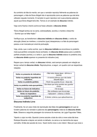 Ao contrário da fala do marido, em que o narrador reproduz fielmente as palavras do
personagem, a fala de Dona Abigail não é reproduzida como as palavras que ela teria
utilizado naquele momento. O narrador é quem reproduz com suas próprias palavras
aquilo que Dona Abigail teria dito. Temos aí um exemplo de discurso indireto.
Veja como ficaria o trecho acima se fosse utilizado o discurso direto:
"Dona Abigail sentou-se na cama, sobressaltada, acordou o marido e disse-lhe:
- Sonhei que vai faltar feijão."
Verifique que, ao transformar o discurso indireto em discurso direto, o verbo de
elocução (disse) se manteve, o conectivo (que) desapareceu e a fala da personagem
passou a ser marcada por sinal de pontuação.
Veja, ainda, que o verbo sonhar, que no discurso indireto se encontrava no pretérito
mais-que-perfeito composto (havia sonhado), no discurso direto passa para o pretérito
perfeito simples (sonhei), e o verbo ir, que no discurso indireto estava no pretérito (iria),
no discurso direto aparece no presente do indicativo (vai).
Repare que o tempo verbal, no discurso indireto, será sempre passado em relação ao
tempo verbal do discurso direto. Reproduzimos, a seguir, um quadro com as respectivas
relações:
Verbo no presente do indicativo:
- Não bebo dessa água - afirmou a
menina.
Verbo no pretérito imperfeito do
indicativo:
- A menina afirmou que não bebia
daquela água.
Verbo no pretérito perfeito: - Perdi meu guarda-chuva - disse ele.
Verbo no pretérito mais-que-perfeito:
Ele disse que tinha perdido seu guarda-
chuva.
Verbo no futuro do indicativo: - Irei ao jogo.
Verbo no futuro do pretérito: Ele confessou que iria ao jogo.
Verbo no imperativo: - Aplaudam! - ordenou o diretor.
Verbo no pretérito imperfeito do
subjuntivo:
O diretor ordenou que aplaudíssemos.
Discurso Indireto Livre
Finalmente, há um caso misto de reprodução das falas dos personagens em que se
fundem palavras do narrador e palavras dos personagens; trata-se do discurso direto
livre. Observe a seguinte passagem do romance As meninas, de Lygia Fagundes Telles.
"Aperto o copo na mão. Quando Lorena sacode a bola de vidro a neve sobe tão leve.
Rodopia flutuante e depois vai caindo no telhado, na cerca e na menininha de capuz
vermelho. Então ela sacode de novo. 'Assim tenho neve o ano inteiro'. Mas por que neve o
 