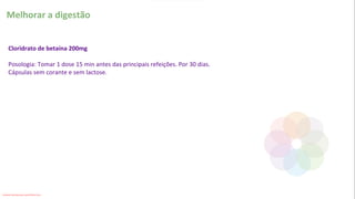 Melhorar a digestão
Cloridrato de betaína 200mg
Posologia: Tomar 1 dose 15 min antes das principais refeições. Por 30 dias.
Cápsulas sem corante e sem lactose.
Conteúdo licenciado para Luana Pinheiro Silva -
 