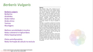 Ali Zarei. A quick overview on some aspects of endocrinological and therapeutic
effects of Berberis vulgaris L. AJP, Vol. 5, No. 6, Nov-Dec 2015
Berberis vulgaris
Berberina
Alcalóides
Ácido málico
Ácido cítrico
Taninos
Mucilagens
Melhora sensibilidade à insulina
Reduz colesterol e triglicerídeos
Efeito hepatoprotetor
Efeito antiinflamatório
Reduz formação de cálculo na vesícula
Berberis Vulgaris
Conteúdo licenciado para Luana Pinheiro Silva -
 