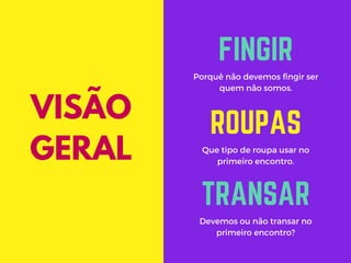 Porquê não devemos fingir ser
quem não somos.
FINGIR
Que tipo de roupa usar no
primeiro encontro.
ROUPAS
Devemos ou não transar no
primeiro encontro?
TRANSAR
VISÃO
GERAL
 