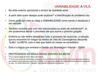 VARIABILIDADE: A VILÃ.
•  No slide anterior apresentei a árvore da realidade atual.
•  A partir dela quem desejar pode explorar(3) a identificação do problema raiz.
•  Como pode ser visto eu elegi a VARIABILIDADE como sendo o obstáculo a
ser vencido.
•  Também acredito que uma vez solucionados os anéis de suficiência(4), aí
sim poderemos elevar o processo até que ocorra o próximo gargalo.
•  Embora eu não tenha desenhado todo o processo de raciocínio, a solução
que eu encontrei foi mitigar os efeitos do Viés de Convergência alocando
“buffer” na META, pois é nela que todos os vieses se consolidam.
•  Esta é a lógica que embasa a Gestão por Modelagem Vetorial – GpMV.
•  PROTEGEMOS OS RESULTADOS DENTRO DA META!
•  (3) É a oportunidade de testar várias alternativas.
•  (4) O foco nos anéis de suficiência é proposital, pois se focassemos “diretamente” nas caixas amarelas veríamos
que existem outros aspectos que foram omitidos, mas que serão melhorados após tenhamos elevado o processo,
ou seja, nos anéis atacamos o “gargalo” que impede a elevação do processo.
8	
  /	
  9	
  
 