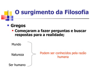O surgimento da Filosofia

   Gregos
       Começaram a fazer perguntas e buscar
        respostas para a realidade;

    Mundo

                    Podem ser conhecidos pela razão
    Natureza
                               humana

Ser humano
 