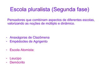 Escola pluralista (Segunda fase)
Pensadores que combinam aspectos de diferentes escolas,
valorizando as noções de múltiplo e dinâmico.

- Anaxágoras de Clazômena
- Empédocles de Agrigento
- Escola Atomista:
- Leucipo
- Demócrito

 