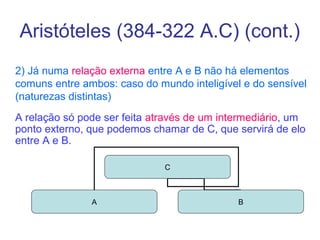 Aristóteles (384-322 A.C) (cont.)
2) Já numa relação externa entre A e B não há elementos
comuns entre ambos: caso do mundo inteligível e do sensível
(naturezas distintas)
A relação só pode ser feita através de um intermediário, um
ponto externo, que podemos chamar de C, que servirá de elo
entre A e B.
C

A

B

 