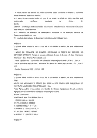 i = índice previsto de reajuste do pontos conforme tabela constante no Anexo II, conforme
tempo de serviço público do servidor;
Vt = valor do vencimento básico no grau A na tabela, no nível em que o servidor está
posicionado,             conforme            constante       no             Anexo           III;
Sendo,
GEDIMA - Gratificação de Escolaridade, Desempenho e Produtividade Individual e Institucional
a ser atribuída a cada servidor.
ADI - resultado da Avaliação de Desempenho Individual ou na Avaliação Especial de
Desempenho dividida por cem.
AI - resultado da Avaliação de Desempenho Institucional dividida por cem.


ANEXO II
(a que se refere o inciso V do SS 1º do art. 3º do Decreto nº 44.890, de 9 de setembro de
2008)
Í NDICE DE REAJUSTE DE PONTOS CONFORME O TEMPO DE SERVIÇO DO
SERVIDOR CARREIRA Tempo de serviço público até 3 anos de 3 anos e 1 dia a 13 anos de
13 anos e 1 dia a 20 anos Acima de 20 anos
- Fiscal Agropecuário - Especialista em Gestão de Defesa Agropecuária 1,00 1,10 1,20 1,35
- Fiscal Assistente Agropecuário - Assistente de Gestão de Defesa Agropecuária 1,00 1,10 1,20
1,35
- Auxiliar Operacional 1,00 1,10 1,20 1,35


ANEXO III
(a que se refere o inciso II do SS 1º do art. 3º do Decreto nº 44.890, de 9 de setembro de
2008)
VALOR DO VENCIMENTO BÁSICO DO GRAU A DOS NÍVEIS DAS CARREIRAS DO
INSTITUTO MINEIRO DE AGROPECUÁRIA - IMA
Fiscal Agropecuário e Especialista em Gestão de Defesa Agropecuária Fiscal Assistente
Agropecuário e Assistente de Gestão de Defesa Agropecuária
Auxiliar Operacional
Nível Grau A Nível Grau A Nível Grau A
I 1.500,00 I 660,00 I 330,00
II 1.770,00 II 805,20 II 382,80
III 2.088,60 III 982,34 III 444,05
IV 2.464,55 IV 1.200,00 IV 515,10
V 2.976,93 V 1.464,00 V 628,42
VI 3.595,83 VI 1.786,08 VI 766,67


ANEXO IV
 