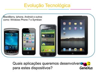 Evolução Tecnológica
BlackBerry, Iphone, Android e outros
como: Windows Phone 7 e Symbian
Quais aplicações queremos desenvolver
para estes dispositivos?
 