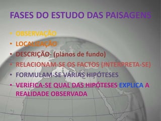 FASES DO ESTUDO DAS PAISAGENS
• OBSERVAÇÃO
• LOCALIZAÇÃO
• DESCRIÇÃO- (planos de fundo)
• RELACIONAM-SE OS FACTOS (INTERPRETA-SE)
• FORMULAM-SE VÁRIAS HIPÓTESES
• VERIFICA-SE QUAL DAS HIPÓTESES EXPLICA A
REALIDADE OBSERVADA
 