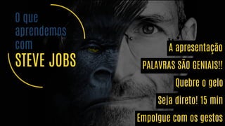 O que
aprendemos
com
STEVE JOBS PALAVRAS SÃO GENIAIS!!
Quebre o gelo
Seja direto! 15 min
Empolgue com os gestos
Deixa a gente te
ajudar nisso?!
A apresentação
 
