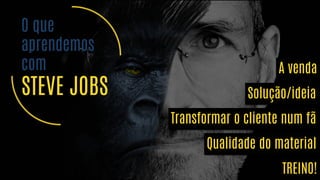 O que
aprendemos
com
STEVE JOBS
A venda
Solução/ideia
Qualidade do material
TREINO!
Queremos mais que um
like pra sua empresa
Transformar o cliente num fã
 