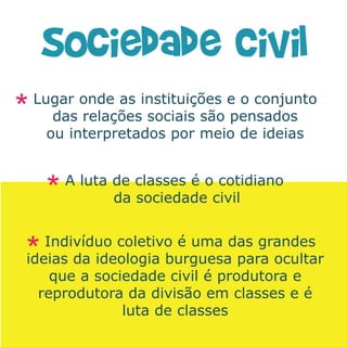 Lugar onde as instituições e o conjunto
   das relações sociais são pensados
  ou interpretados por meio de ideias


     A luta de classes é o cotidiano
            da sociedade civil


   Indivíduo coletivo é uma das grandes
ideias da ideologia burguesa para ocultar
    que a sociedade civil é produtora e
  reprodutora da divisão em classes e é
              luta de classes
 