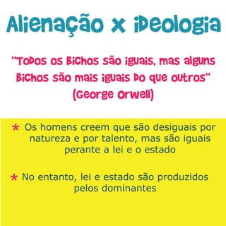 Os homens creem que são desiguais por
 natureza e por talento, mas são iguais
        perante a lei e o estado

No entanto, lei e estado são produzidos
          pelos dominantes
 