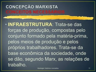 Ideologia: história e conceitos 11
• INFRAESTRUTURA: Trata-se das
forças de produção, compostas pelo
conjunto formado pela matéria-prima,
pelos meios de produção e pelos
próprios trabalhadores. Trata-se da
base econômica da sociedade, onde
se dão, segundo Marx, as relações de
trabalho.
 