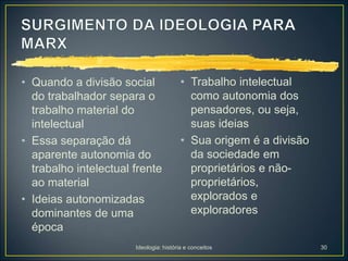 Ideologia: história e conceitos 30
• Quando a divisão social
do trabalhador separa o
trabalho material do
intelectual
• Essa separação dá
aparente autonomia do
trabalho intelectual frente
ao material
• Ideias autonomizadas
dominantes de uma
época
• Trabalho intelectual
como autonomia dos
pensadores, ou seja,
suas ideias
• Sua origem é a divisão
da sociedade em
proprietários e não-
proprietários,
explorados e
exploradores
 