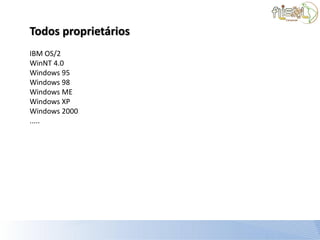 Todos proprietários
IBM OS/2
WinNT 4.0
Windows 95
Windows 98
Windows ME
Windows XP
Windows 2000
.....
 