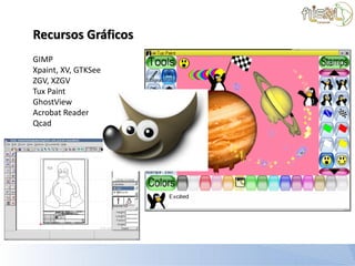 Recursos Gráficos
GIMP
Xpaint, XV, GTKSee
ZGV, XZGV
Tux Paint
GhostView
Acrobat Reader
Qcad
 