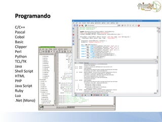 Programando
C/C++
Pascal
Cobol
Basic
Clipper
Perl
Python
TCL/TK
Java
Shell Script
HTML
PHP
Java Script
Ruby
Lua
.Net (Mono)
 