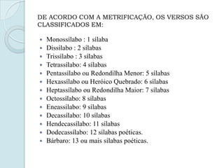 DE ACORDO COM A METRIFICAÇÃO, OS VERSOS SÃO
CLASSIFICADOS EM:
 Monossílabo : 1 sílaba
 Dissílabo : 2 sílabas
 Trissílabo : 3 sílabas
 Tetrassílabo: 4 sílabas
 Pentassílabo ou Redondilha Menor: 5 sílabas
 Hexassílabo ou Heróico Quebrado: 6 sílabas
 Heptassílabo ou Redondilha Maior: 7 sílabas
 Octossílabo: 8 sílabas
 Eneassílabo: 9 sílabas
 Decassílabo: 10 sílabas
 Hendecassílabo: 11 sílabas
 Dodecassílabo: 12 sílabas poéticas.
 Bárbaro: 13 ou mais sílabas poéticas.
 