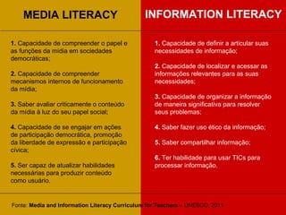 MEDIA LITERACY INFORMATION LITERACY 1.  Capacidade de compreender o papel e as funções da mídia em sociedades democráticas; 2.  Capacidade de compreender mecanismos internos de funcionamento da mídia; 3.  Saber avaliar criticamente o conteúdo da mídia à luz do seu papel social; 4.  Capacidade de se engajar em ações de participação democrática, promoção da liberdade de expressão e participação cívica; 5.  Ser capaz de atualizar habilidades necessárias para produzir conteúdo como usuário. 1.  Capacidade de definir a articular suas necessidades de informação; 2.  Capacidade de localizar e acessar as informações relevantes para as suas necessidades; 3.  Capacidade de organizar a informação de maneira significativa para resolver seus problemas; 4.  Saber fazer uso ético da informação; 5.  Saber compartilhar informação; 6.  Ter habilidade para usar TICs para processar informação. Fonte:  Media and Information Literacy Curriculum for Teachers  – UNESCO, 2011 