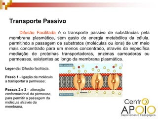 Transporte Passivo
       Difusão Facilitada é o transporte passivo de substâncias pela
  membrana plasmática, sem gasto de energia metabólica da célula,
  permitindo a passagem de substratos (moléculas ou íons) de um meio
  mais concentrado para um menos concentrado, através da específica
  mediação de proteínas transportadoras, enzimas carreadoras ou
  permeases, existentes ao longo da membrana plasmática .

Legenda: Difusão facilitada.

Passo 1 - ligação da molécula
a transportar à permease;

Passos 2 e 3 - alteração
conformacional da permease,
para permitir a passagem da
molécula através da
membrana.
 