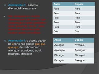 Acentuação 3: O acento diferencial desapareceNão desaparece o acento diferencial em pôr (verbo) / por (preposição) e pôde (pretérito) / pode (presente), fôrma , para, diferenciar de forma pode receber acento circunflexoAcentuação 4: o acento agudo no u forte nos grupos gue, gui, que, qui, de verbos como averiguar, apaziguar, arguir, redarguir, enxaguar