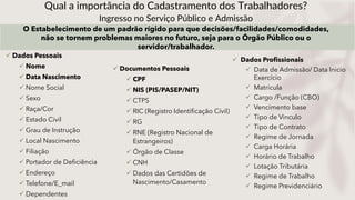  Dados Pessoais
 Nome
 Data Nascimento
 Nome Social
 Sexo
 Raça/Cor
 Estado Civil
 Grau de Instrução
 Local Nascimento
 Filiação
 Portador de Deficiência
 Endereço
 Telefone/E_mail
 Dependentes
 Documentos Pessoais
 CPF
 NIS (PIS/PASEP/NIT)
 CTPS
 RIC (Registro Identificação Cívil)
 RG
 RNE (Registro Nacional de
Estrangeiros)
 Órgão de Classe
 CNH
 Dados das Certidões de
Nascimento/Casamento
Qual a importância do Cadastramento dos Trabalhadores?
Ingresso no Serviço Público e Admissão
O Estabelecimento de um padrão rígido para que decisões/facilidades/comodidades,
não se tornem problemas maiores no futuro, seja para o Órgão Público ou o
servidor/trabalhador.
 Dados Profissionais
 Data de Admissão/ Data Inicio
Exercício
 Matrícula
 Cargo /Função (CBO)
 Vencimento base
 Tipo de Vinculo
 Tipo de Contrato
 Regime de Jornada
 Carga Horária
 Horário de Trabalho
 Lotação Tributária
 Regime de Trabalho
 Regime Previdenciário
 